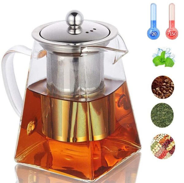 Heat-Resistant Glass Tea Pot Stainless Steel Filter Teapot Square Flower Teapot With Infuser Stovetop Safe Tea Kettle, Blooming and Loose Leaf Tea Pot 750ml