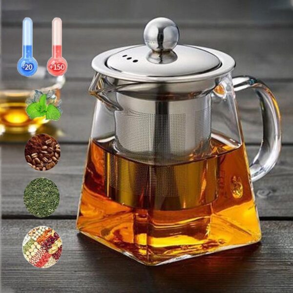 Heat-Resistant Glass Tea Pot Stainless Steel Filter Teapot Square Flower Teapot With Infuser Stovetop Safe Tea Kettle, Blooming and Loose Leaf Tea Pot 750ml - Image 3